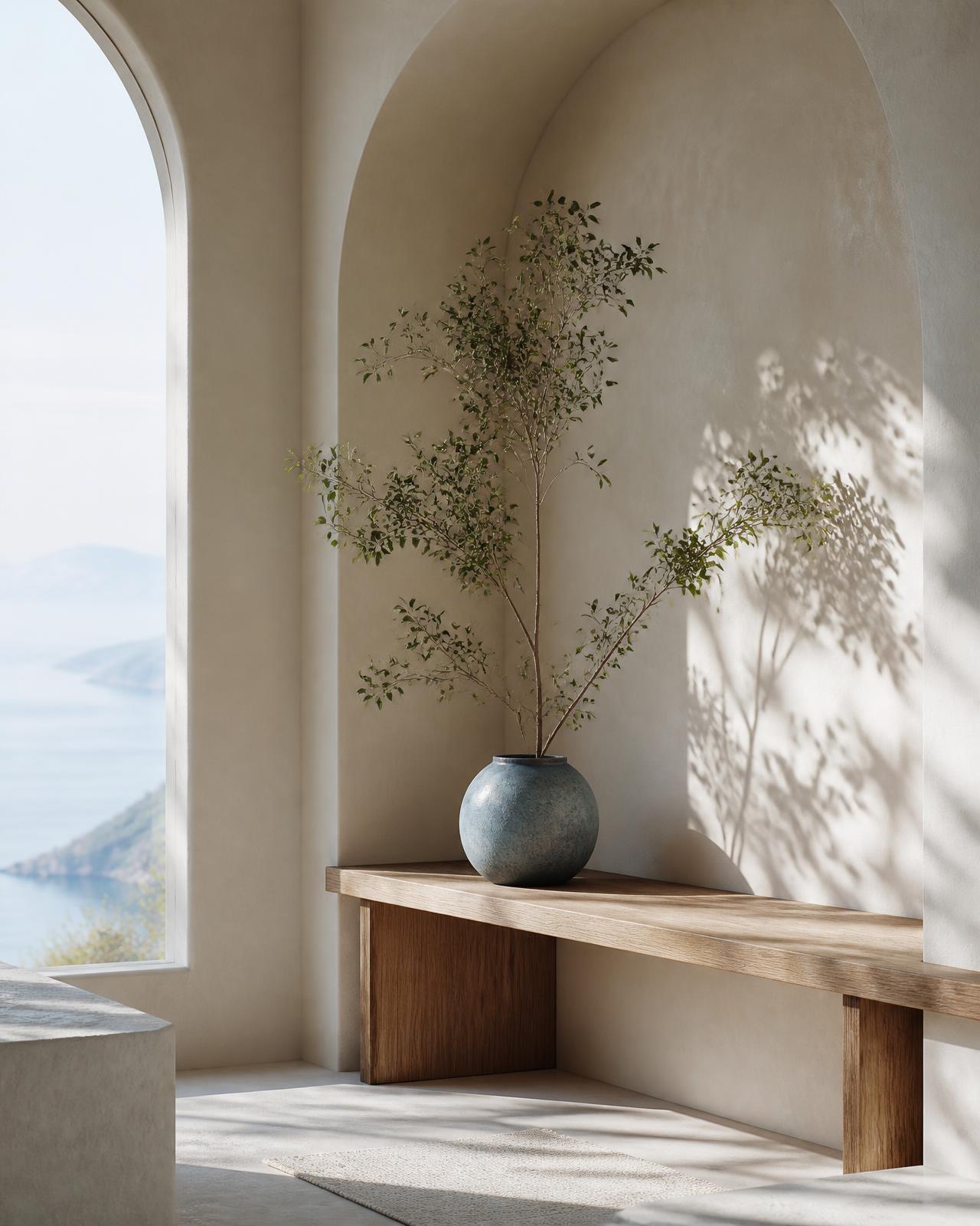 Ambiente sereno com luz natural suave, banco de madeira e planta